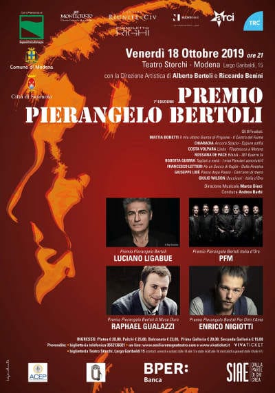 Premio Pierangelo Bertoli: domani al Teatro Storchi di Modena Ligabue, PFM, Raphael Gualazzi, Enrico Nigiotti e la finale dei nuovi cantautori