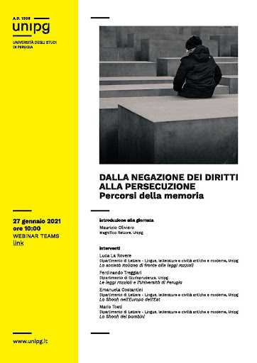 L’Università degli Studi di Perugia commemora il Giorno della Memoria con il webinar pubblico “Dalla negazione dei diritti alla persecuzione. Percorsi della memoria”