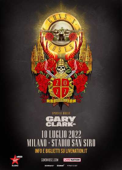 Live Nation è lieta di annunciare l’unica data italiana dei GUNS N’ ROSES che torneranno in Italia per un nuovo attesissimo concerto, il 10 luglio 2022 allo Stadio San Siro di Milano. I Guns N' Roses tornano nel nostro paese dopo l’ultima apparizione al Firenze Rocks nell'estate del 2018, dove si esibirono nella seconda giornata del festival e comparirono a sorpresa durante il concerto dei Foo Fighters, regalando un'inedita performance sulle note di It's so easy, divenuta immediatamente virale sul web in tutto il mondo. Nel 2016 i Guns N’ Roses sono ritornati sulla scena live internazionale con il loro Not in This Lifetime Tour, prodotto da Live Nation, che ha venduto oltre 5 milioni e mezzo di biglietti, divenendo il terzo tour con il maggiore incasso di sempre. La band ha commentato: "Hey Gunners, sfortunatamente dobbiamo chiedervi ancora una volta di avere pazienza. Il nostro tour Europeo è riprogrammato nel 2022, ma con l’aggiunta di nuove date e di Gary Clark Jr. come special guest. Il tour partirà da Lisbona, in Portogallo, il 4 giugno 2022, con nuove date in Norvegia, Repubblica Ceca, Polonia, Paesi Bassi e Italia. Continuiamo ad esservi grati per la vostra comprensione e sostegno in questi tempi senza precedenti. La luce è alla fine del tunnel e non vediamo l'ora di tornare sul palco entro la fine di quest'anno negli Stati Uniti, Australia, Nuova Zelanda e il prossimo anno in Europa ed oltre!" I biglietti saranno disponibili in anteprima per gli utenti My Live Nation dalle ore 10:00 di giovedì 8 aprile. Per accedere alla presale basterà registrarsi gratuitamente su www.livenation.it. La vendita generale dei biglietti è aperta a partire da venerdì 9 aprile alle ore 10:00 su www.ticketmaster.it, www.ticketone.it e www.vivaticket.com. Dopo la formazione del gruppo nel 1985, i Guns N’ Roses hanno da subito dominato la crescente scena rock di Los Angeles, grazie al loro atteggiamento sfrenato e travolgente. Hanno poi conquistato il mondo intero con la pubblicazione del loro primo disco nel 1987, Appetite for Destruction – album di debutto più venduto di sempre negli Stati Uniti con oltre 30 milioni di copie. Nel 1991, Use Your Illusion I e Use Your Illusion II (sette volte platino) hanno subito raggiunto i primi due posti della classifica Billboard Top 200. Nel corso degli ultimi dieci anni, i Guns N’ Roses si sono esibiti dal vivo in concerti sold-out e in importanti festival in tutto il mondo, dopo la pubblicazione dell’acclamatissimo Chinese Democracy nel 2008. Rimangono una delle band più importanti e influenti della storia della musica e continuano ad essere un punto di riferimento per milioni di fan in tutto il mondo. Il gruppo è formato da: Axl Rose (voce, piano), Duff McKagan (basso), Slash (chitarra solista), Dizzy Reed (tastiere), Richard Fortus (chitarra ritmica), Frank Ferrer (batteria) e Melissa Reese (tastiera). Per maggiori informazioni vai su www.livenation.it/artist/guns-n-roses-tickets