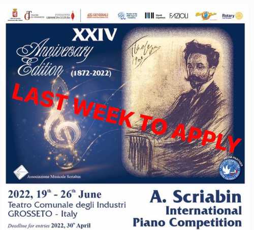Ancora pochi giorni per iscriversi al XXIV Premio internazionale pianistico "A. Scriabin" Ancora pochi giorni per iscriversi al XXIV Premio internazionale pianistico "A. Scriabin"