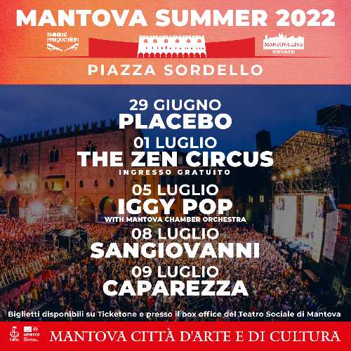 Al via oggi MANTOVA LIVE ESTATE con i PLACEBO. Il 5 luglio arriva IGGY POP per l'unica data italiana Al via oggi MANTOVA LIVE ESTATE con i PLACEBO. Il 5 luglio arriva IGGY POP per l'unica data italiana