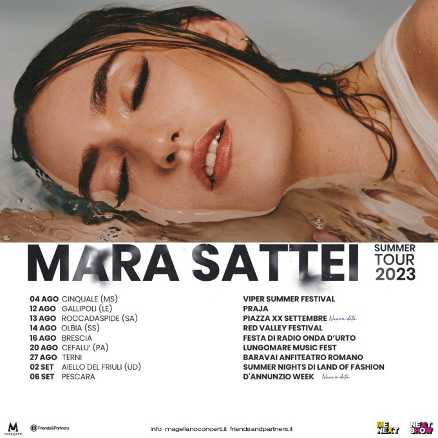 MARA SATTEI: dopo l'uscita del nuovo singolo "PIANGO IN DISCOTECA", si aggiungono due nuove date al "MARA SATTEI SUMMER TOUR 2023" MARA SATTEI: dopo l'uscita del nuovo singolo "PIANGO IN DISCOTECA", si aggiungono due nuove date al "MARA SATTEI SUMMER TOUR 2023"