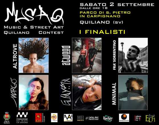 MUSAQ: ecco i finalisti che si esibiranno il 2 settembre a Quiliano (SV). Ospiti della serata i kuTso MUSAQ: ecco i finalisti che si esibiranno il 2 settembre a Quiliano (SV). Ospiti della serata i kuTso
