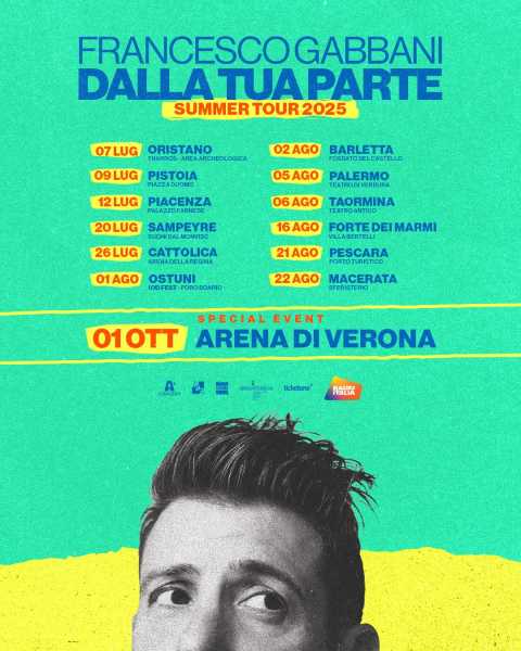 Francesco Gabbani torna live: "Dalla tua parte summer tour 2025" con finale all'Arena di Verona