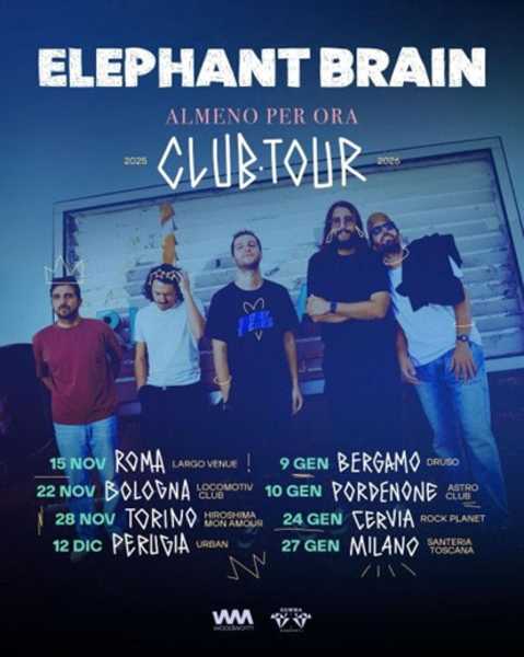 Meta-description: Gli Elephant Brain tornano live con "Almeno per ora - Club Tour": 8 date da novembre 2025 a gennaio 2026. Biglietti disponibili dal 5 settembre.